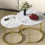 Cavoba Nesting Round Coffee Table Set of 2, Stacking Side Tables Marble Pattern Wooden Tabletop with Golden Metal Frame for Small Spaces, End Tables Set of 2 23.6"