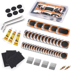 Koegxtu Bike Tire Repair Kit, Inner Tube Puncture Patch Kits, Vulcanizing Patches, Glueless Patchs, Lever for Motorcycle BMX Cycling MTB Road Mountain Bicycle