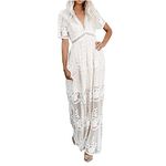 Women Summer Lace Chiffon Floral Dress Wrap V Neck Beach Party Flowy Sexy Ruffle Bridesmaid Cocktail Party Maxi Dress, White, Large