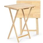 PJ Wood Rectangle Folding TV Snack Tray Tables with Compact Storage Rack, Solid Wood Construction, Natural Finish, 2 Piece Set