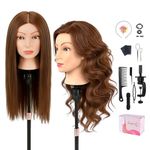 100% Mannequin Head Human Hair,22" Dark Brown Real Hair Cosmetology Mannequin Manikin Head Hair Styling Hairdressing Practice Training Doll Head with Clamp Holder and Tools