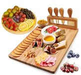 Cheese Board and Knife Set,1 Bamboo Charcuterie Board Set with 1 Round Tray,Cheese Platter Serving Tray,Cheese Plate Set,Perfect for Birthday,Wedding,Housewarming