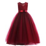 Weileenice Formal Party Maxi Tulle Dress Wine Red 12-13 Big Girls Lace Bridesmaid Evening Birthday Dress Long Flower Kid Wedding Pageant Concert Holiday Elegant Prom Ball Gown Dance Christmas Recital