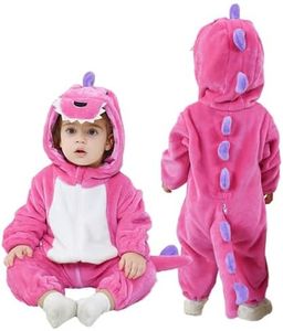 LOLANTA Toddler Dinosuar Animal Costume Stitch Onesie Baby Kids Flannel Hooded Jumpsuit Dress Up Outfit（12-17M,Hot Pink）