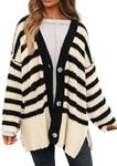 PRETTYGARDEN Women's Winter Striped Cardigan Sweaters Long Sleeve Button Down Open Front Chunky Knit Oversized Sweater Coat (Striped Beige Black,Small)