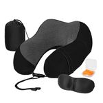 REMAXX Memory Foam Travel Neck Pillow with Eye Masks & Ear Plugs Ideal for Sleeping & Neck Pain Relief | Comfortable & Ergonomic Design | 360° Neck Rest Support | Washable Velvet Cover (Black)