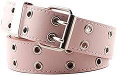 kowaku Double Grommet Belt for Women Men Leather Punk Rock Adjustable Belts Double Prong Buckle Eyelet Hollow Waist Belt - Pink, as described