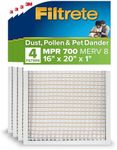 Filtrete 16x20x1 AC Furnace Air Filter, MERV 8, MPR 700, Tough on Pollen, Easy on Airflow, 3-Month Pleated 1-Inch Electrostatic Air Cleaning Filter, 4-Pack (Actual Size 15.688 x 19.688 x 0.78 in )