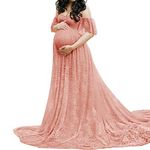 Maternity Off Shoulder Ruffle Sleeve Lace Wedding Gown Maxi Photography Dress for Photo Shoot Dress (Pink, Small)