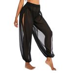 American Trends Sheer Beach Pants Mesh Swimsuit Cover Up Pants for Women High Slit See Through Harem Pants, Mesh Black, Large