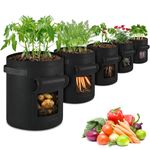 ENONGARDEN 5 Packs 7 Gallon Potato Grow Bags with Flap,Reinforced Handles and Harvest Window,Thickened Non-Woven Planters Garden Bags Pots Gardening for Growing Vegetable Potatoes Carrots,Black