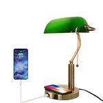 FIRVRE Green Glass Banker Desk Lamp Retro Classic Bronze Finish Metal E26 with Wireless Charger and USB Charging Port Zip Switch Desk Light for Office Library Bedside lamp Desk Study Room bar Sofa