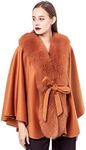 LVCOMEFF Women Wool Shawl Cape with Genuine Fox Fur Trimming Collar with Belt Plus Size (Camel)