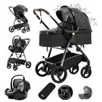 Gcarebb PU Leather 3 in 1 Pram, City Strollers with Car Seat, Portable One-Click Folding Walking Stick Stroller, Landscape Combined Strollers High Aluminium Frame