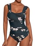 VECENEY One Piece Bathing Suit for Women Tummy Control Swimsuits Square Neck Ruched Modest Swimwear Floral Green L