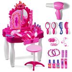 PLAY22 Pretend Play Girls Vanity Set with Mirror and Stool 20 PCS - Kids Makeup Vanity Table Set with Lights and Sounds - Kids Beauty Salon Set Includes Fashion Hair & Makeup Accessories & Blowdryer