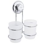 Tatkraft Odr – Wall Mounted Suction Cup Toothbrush Holder – 2 Tumblers for Bathroom and Kitchen – Toothpaste Razor Makeup - Easy Installation no Drilling – Chromed Stainless Steel – Holds Up to 16 kg