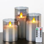 LTETTES Real Wax LED Glass Pillar Flameless Candles | Faux Dancing Wick | Tinted Grey Glass | Battery Powered with Multifunctional Remote Controller for Home Decor | Set of 3 (H-4",5",6" x D-3")