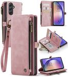 Defencase Galaxy A54 5G Case, RFID Blocking Samsung A54 5G Case Wallet for Women Men, Durable PU Leather Magnetic Flip Strap Zipper Card Holder Wallet Phone Case for Samsung Galaxy A54 5G, Rose Pink