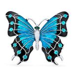 Large Statement Aqua Crystal Accent Two Tone Black Blue Turquoise Color Garden Winged Butterfly Brooch Scarf Pin for Women Teens Enamel Gold Plated