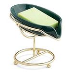 Navaris Self Draining Soap Dish - Dark Green Ceramic Soap Holder with Golden Stand - Soap Bar Drainer for Basin, Bath Tub, Kitchen or Bathroom Sink