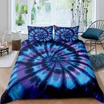 3 Pieces Spiral Print Duvet Cover Set, Tie & Dye Hippie Psychedelic Bohemian Bedding Set for Boys Girls Blue Double