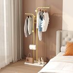 HOMEFORT Double-pole Coat Rack, Freestanding Metal Coat Racks, Clothes Hat Stand with 5 Hooks for Closet, Bedroom, Entryway, Living Room, Gold