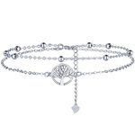 Lydreewam Tree of Life Anklet for Women 925 Sterling Silver Double Ankle Bracelet Summer Barefoot Beach Foot Chain, Adjustable 22+4cm