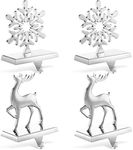 4 Set Stocking Holders for Mantle Christmas Stocking Holder with Hook Fireplace Stocking Hangers for Mantel Metal Xmas Stocking Stand for Christmas Decoration(Silver Snowflake,Reindeer)