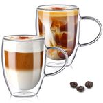 TKNO Double Walled Glass Coffee Mug Cups with Handle, Set of 2 Hollow Vacuum Sealed Cappuccino Latte Macchiato Glasses, Hand Made, Heat Resistant, Microwave Safe, 350ml Cup