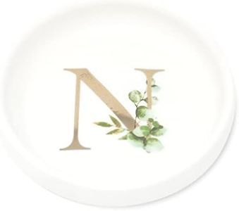 Cedar and Ink Ring Dish with Personalized N in Gold Foil & Greenery, Monogrammed Jewelry Dish, Accessories & Wedding Ring Holder, Dressing Table Tray