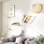 DWVO Cat Wall Shelves and Perches for Wall, Solid Wood Wall Mounted Cat Furniture, Set of 5 Cat Climbing Shelves with Moon Cat House, Cat Bridge Ladder, Cat Hammock and Cat Scratching Post