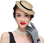 Boater Flat Top Straw Hat with Velvet and Crochet Ribbon Bow Fascinator Hats for Women Cocktail Tea Party Derby Hat