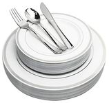 JL Prime 125 Piece Silver Plastic Plates & Cutlery Set, Re-usable Recyclable Plastic Plates with Silver Rim & Silverware, 25 Dinner Plates, 25 Salad Plates, 25 Forks, 25 Knives, 25 Spoons