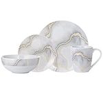 Safdie & Co. Electric Marble 16 Piece Dinnerware Set, Service for 4, Fiesta Dinnerware, Home Trends and Home Food Network Essentials, Porcelain Dinner Plates, 16" L x 12" W x 15" H