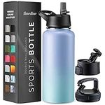 FineDine Triple Walled, Insulated Water Bottles with Straw - 32 Oz Stainless Steel Metal Bottle W/ 3 Leak Proof Lids - For Travel, School, Sports, Gym/Men, Women & Kids - Powder Steel Blue