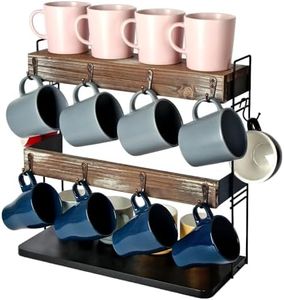 J JACKCUBE DESIGN Rustic Wood Countertop 2 Tier Coffee Mug Cup Rack Holder Stand with Metal Frame and Wooden Shelf for Coffee, Tea Cups Display Organizer with 10 Hooks - MK651A