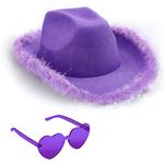 Silom Cowboy Hat with Heart Glasses, Pink Green Blue Purple Halloween Costume Cowgirl Hat for Men Women with Feathers,Western Felt Fluffy Cow Girl Hats,Dress Up Birthday,Bachelorette,Bachelor Party