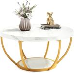 LITTLE TREE Round Coffee Table, 32" Circle Faux Marble Coffee Tables for Living Room, 2-Tier Golden Metal Legs Accent Center Table with Open Storage Modern Design Home Furniture (White and Gold)