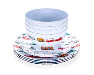 Camco Life is Better at The Campsite 12 Piece Dishware Set-Multicolor Retro RV and Trailer Print, Includes Plates and Bowls, Perfect for RVing and Camping, Melamine (53297)