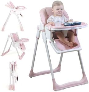 Sunchildor 3 in 1 Baby High Chair with Wheels, Adjustable 5 Point Harness, Tray, Foot Rest, Backrest and Seat Height, Foldable High Chair for Toddlers, Pink