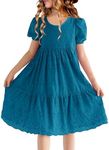 HOSIKA Girls Summer Boho Crew Neck Puff Sleeve Ruffle Tiered A-line Casual Party Midi Dress for 6-12 Years, Teal, 10 Years