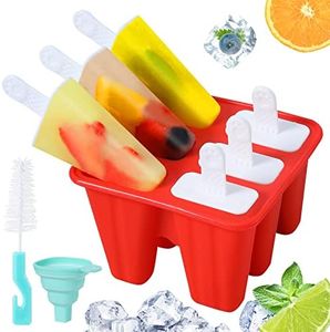 Popsicle Molds,Silicone Ice Pop Molds,BPA Free Popsicle Mold Reusable Easy Release Ice Pop Maker,Homemade Popsicle Mould with Silicone Funnel and Cleaning Brush (Red, 6 Cavities)