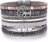 Mom Gifts, Grey Wrap Boho Leather Stacking Multilayer Wide Layered Buckle Family Tree of Life Mom Bracelets, Birthday Christmas Jewelry Gifts for Mom from Daughter