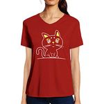 Pooplu Women's Regular Fit Tshirt Cute Cat Cotton Printed V Neck Half Sleeves Animal, Cute Animal Pootlu Tees and Tshirts.(Oplu_Red_Large)