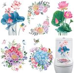 5PCS Peony and Roses Toilet Seat Stickers Self-Adhesive Pink Lotus Green Leaf Toilet Lid Decals DIY Removable Bouquet Toilet Stickers for Cistern Bathroom WC Restroom Power Switch Home Decor (A)