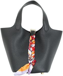 Lafillmiss Leather Handbag (Scarf Detaches) Genuine Leather Bucket Bag for Women,Market Tote Bags with Metal Clasp(Black-gold)