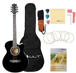 VAULT EA20 Basswood Guitar Kit With Learn To Play Ebook, Bag, Strings, Straps, Picks, String Winder & Polishing Cloth - 40 Inch Cutaway Acoustic Guitar Black