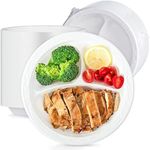 LEOBOX White Plastic Plates, Reusable 150 Pack 9 Inch Plastic Dinner Plates 3 Compartment Heavy Duty Microwave MFPP Plates