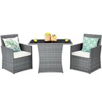 Tangkula 3 Pieces Patio Dining Set, Patiojoy Space-Saving PE Rattan Bistro Set with Tempered Glass Top Table and Cushioned Chairs, Outdoor Conversation Set for Garden, Backyard, Poolside, Porch